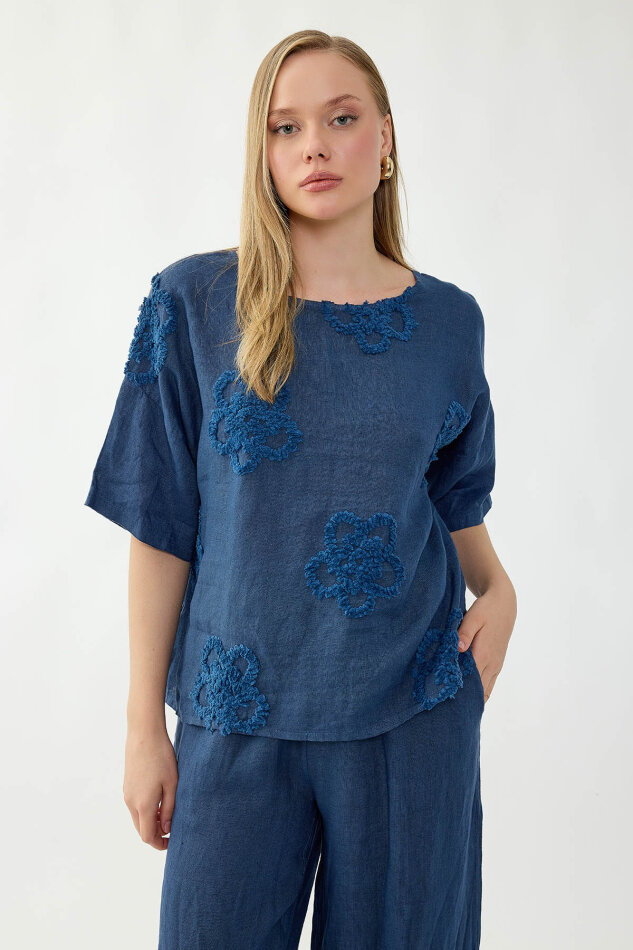 %100 Keten Çiçek Motifli Kısa Kol Bluz - 17