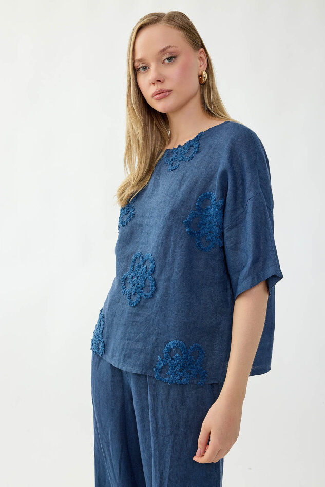 %100 Keten Çiçek Motifli Kısa Kol Bluz - 19