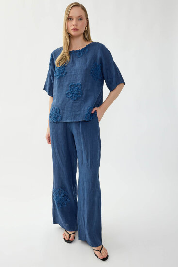 %100 Keten Çiçek Motifli Kısa Kol Bluz - 16