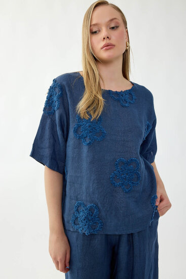 %100 Keten Çiçek Motifli Kısa Kol Bluz - 20