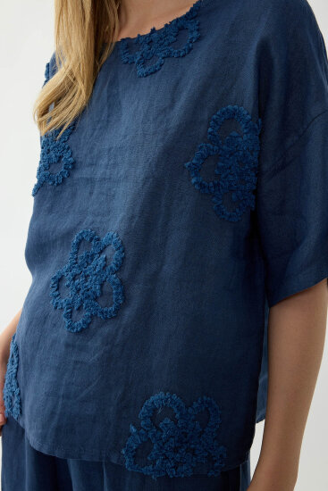 %100 Keten Çiçek Motifli Kısa Kol Bluz - 21