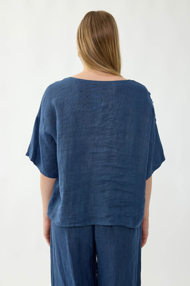 %100 Keten Çiçek Motifli Kısa Kol Bluz - 18