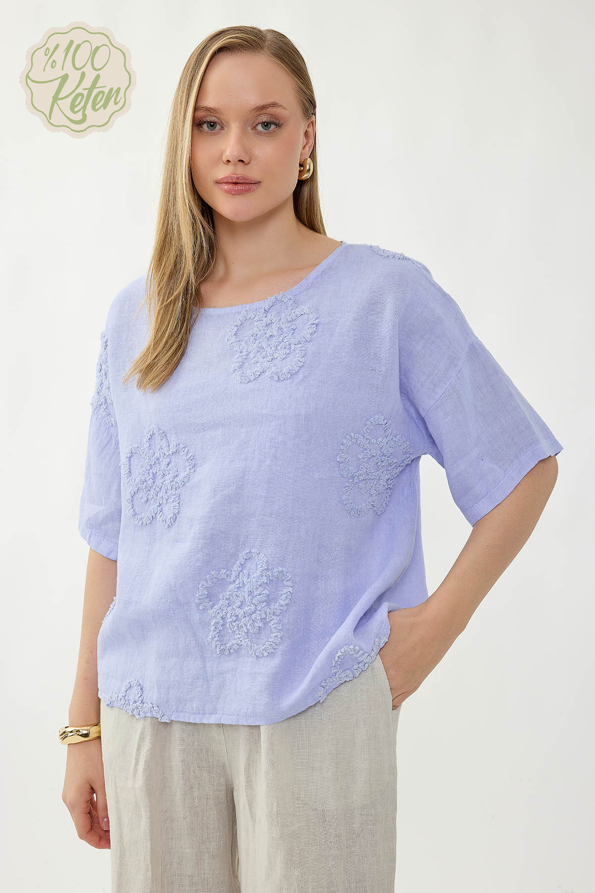 %100 Keten Çiçek Motifli Kısa Kol Bluz - Thumbnail