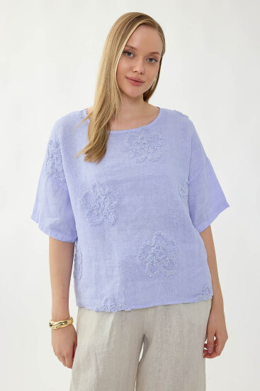 %100 Keten Çiçek Motifli Kısa Kol Bluz - 24