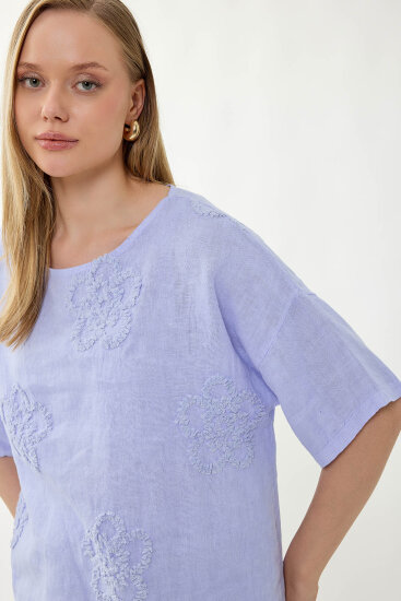 %100 Keten Çiçek Motifli Kısa Kol Bluz - 25