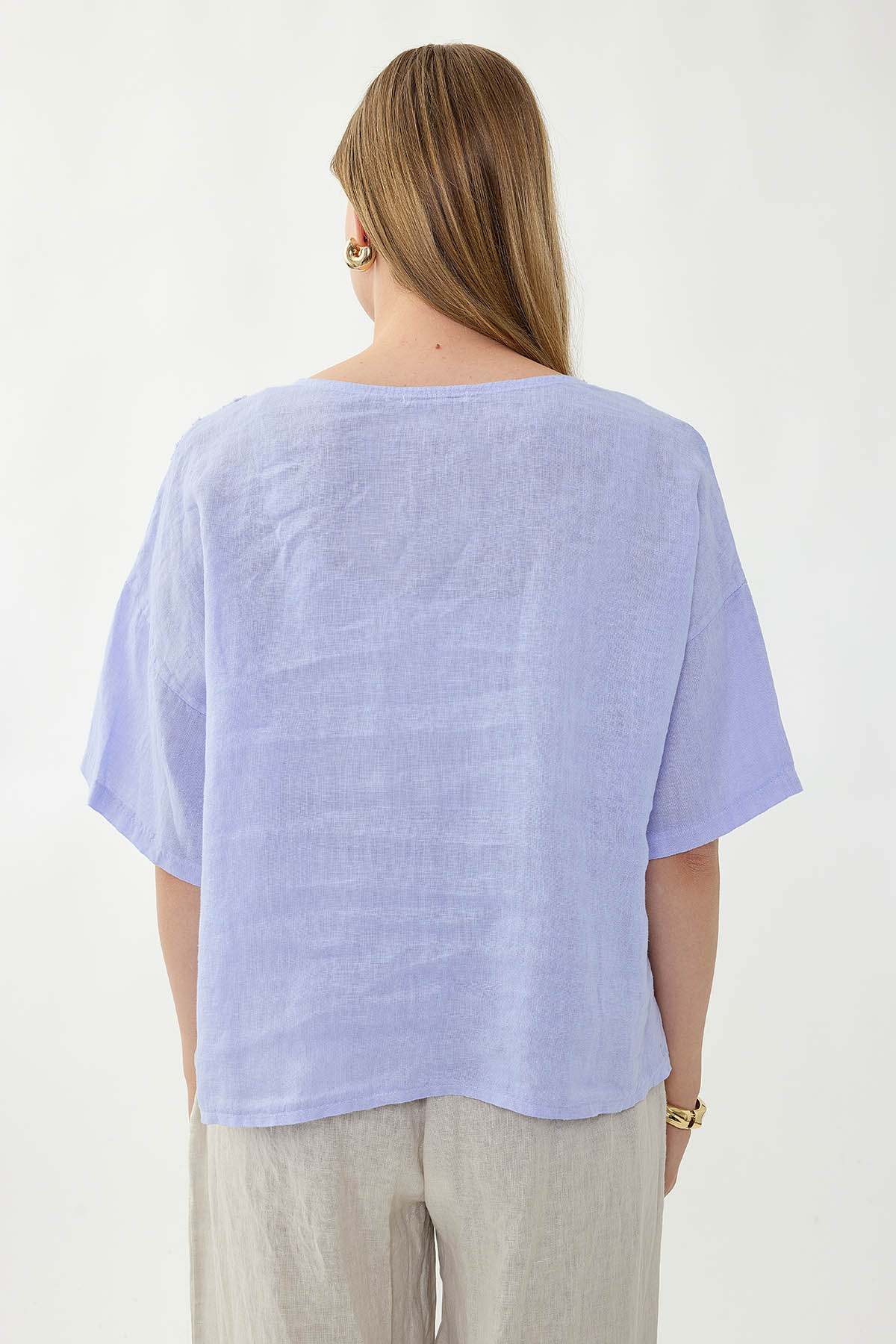 %100 Keten Çiçek Motifli Kısa Kol Bluz - Thumbnail