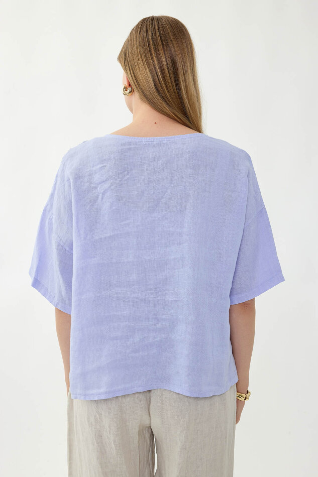 %100 Keten Çiçek Motifli Kısa Kol Bluz - 26