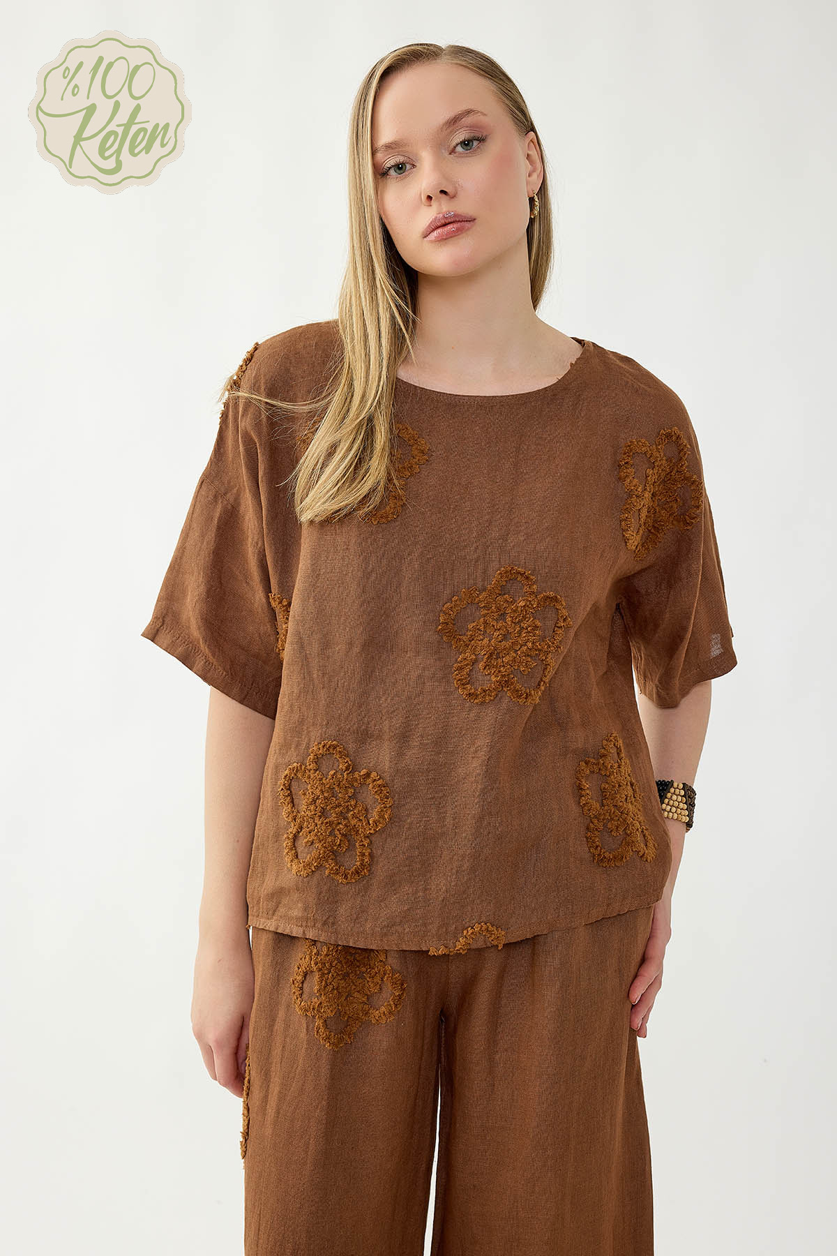 %100 Keten Çiçek Motifli Kısa Kol Bluz - Thumbnail
