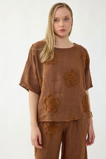 %100 Keten Çiçek Motifli Kısa Kol Bluz - 31