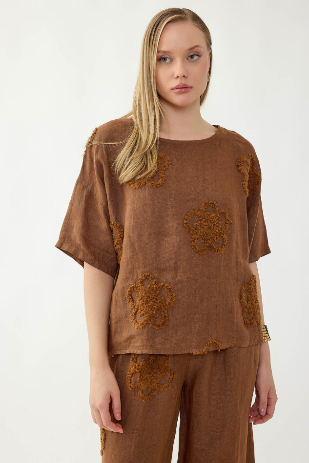 %100 Keten Çiçek Motifli Kısa Kol Bluz - 31