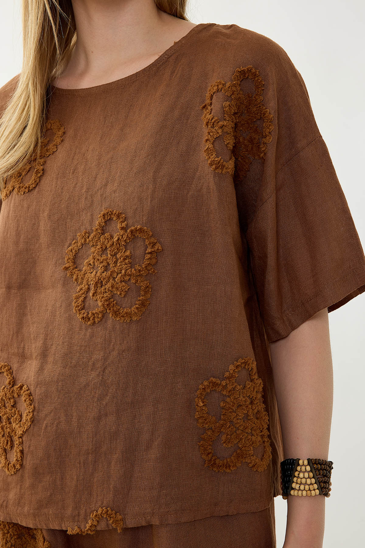 %100 Keten Çiçek Motifli Kısa Kol Bluz - Thumbnail