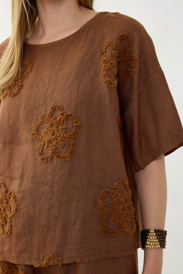 %100 Keten Çiçek Motifli Kısa Kol Bluz - 33