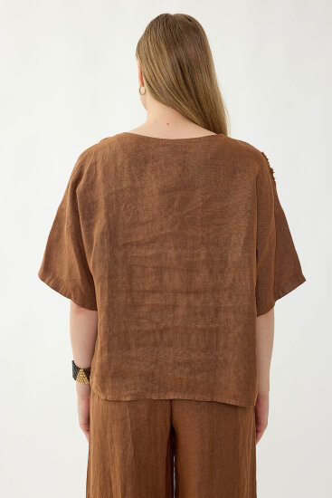 %100 Keten Çiçek Motifli Kısa Kol Bluz - 32