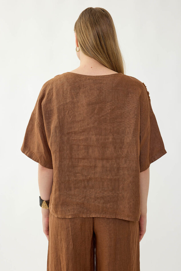 %100 Keten Çiçek Motifli Kısa Kol Bluz - 32