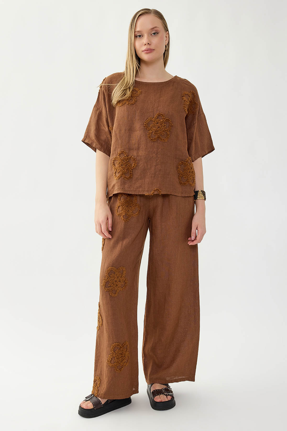 %100 Keten Çiçek Motifli Kısa Kol Bluz - Thumbnail