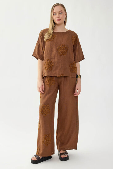 %100 Keten Çiçek Motifli Kısa Kol Bluz - 29