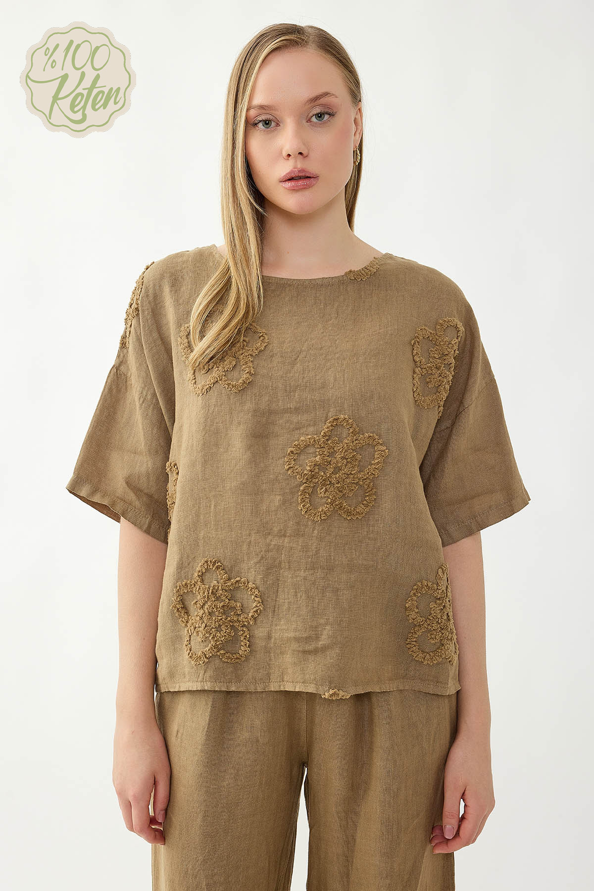 %100 Keten Çiçek Motifli Kısa Kol Bluz - Thumbnail