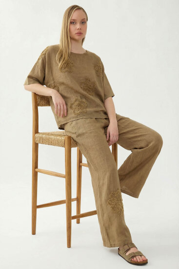 %100 Keten Çiçek Motifli Kısa Kol Bluz - 35