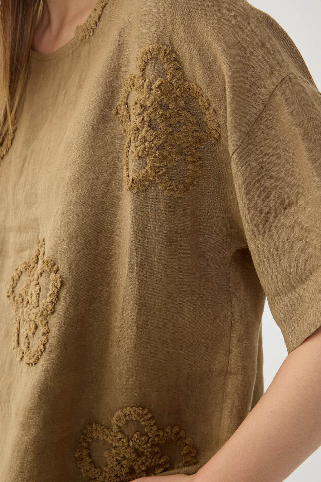 %100 Keten Çiçek Motifli Kısa Kol Bluz - 41