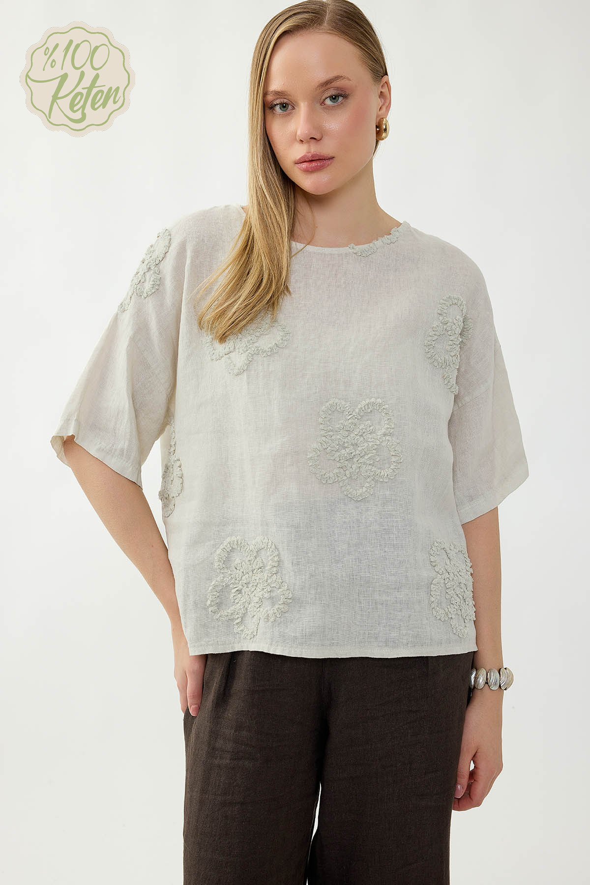 %100 Keten Çiçek Motifli Kısa Kol Bluz - Thumbnail