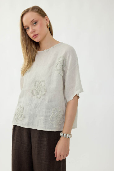 %100 Keten Çiçek Motifli Kısa Kol Bluz - 43