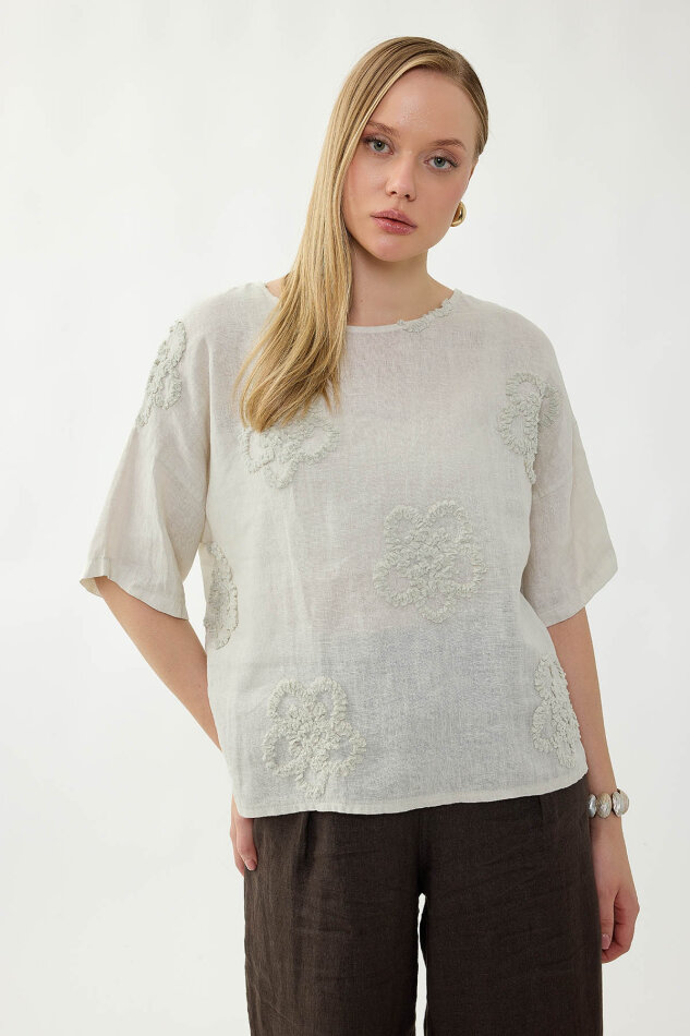 %100 Keten Çiçek Motifli Kısa Kol Bluz - 44