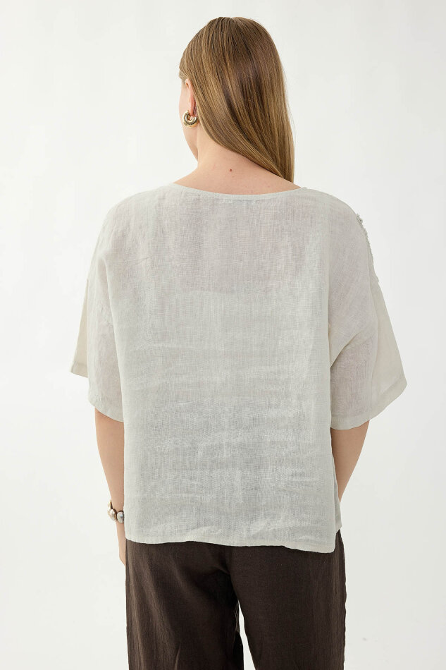 %100 Keten Çiçek Motifli Kısa Kol Bluz - 46