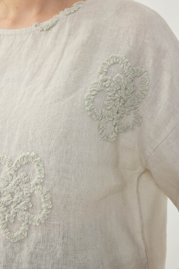 %100 Keten Çiçek Motifli Kısa Kol Bluz - 47