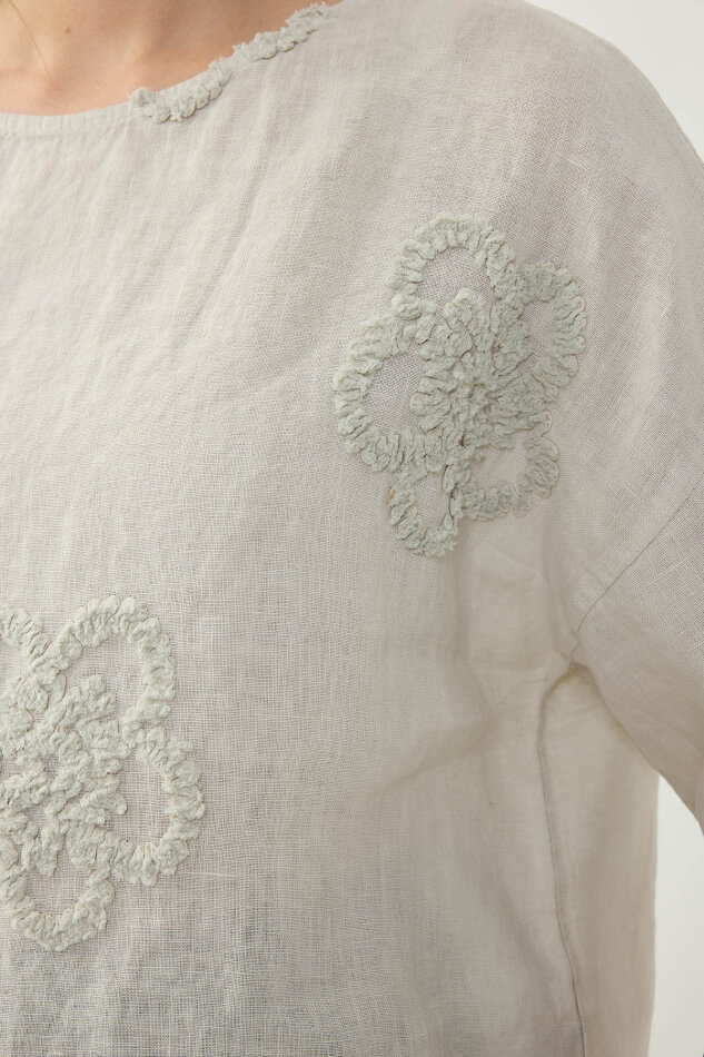 %100 Keten Çiçek Motifli Kısa Kol Bluz - 47