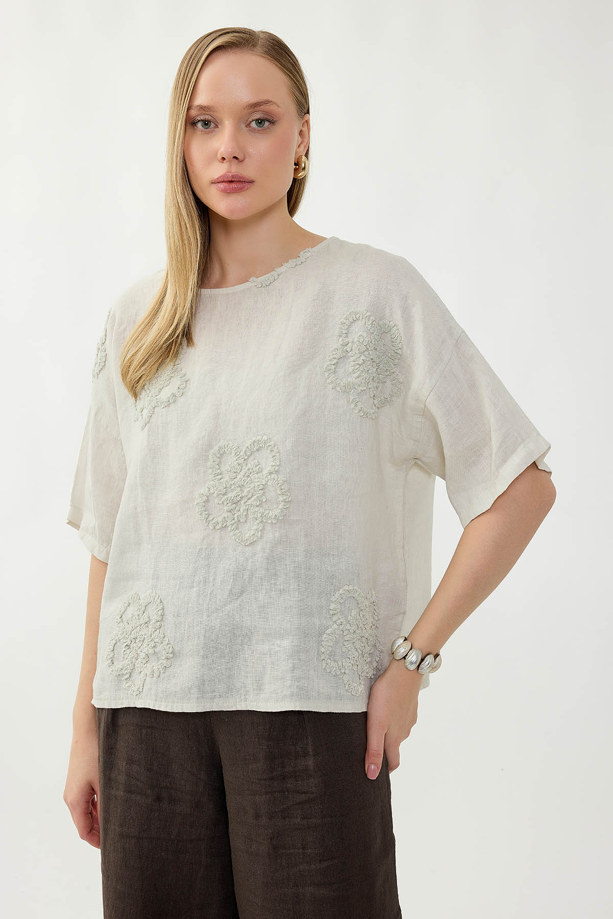 %100 Keten Çiçek Motifli Kısa Kol Bluz - Thumbnail