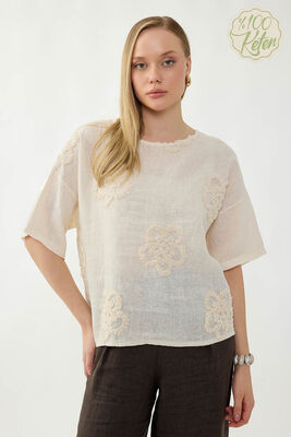 %100 Keten Çiçek Motifli Kısa Kol Bluz