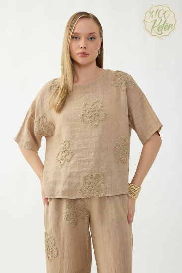 %100 Keten Çiçek Motifli Kısa Kol Bluz - 8