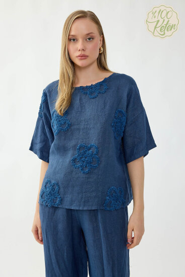 %100 Keten Çiçek Motifli Kısa Kol Bluz - 15
