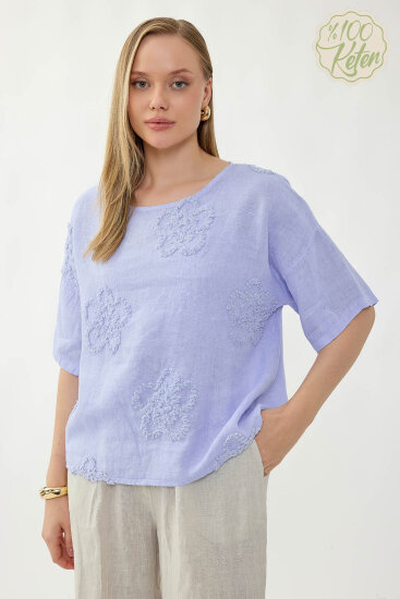 %100 Keten Çiçek Motifli Kısa Kol Bluz - 22