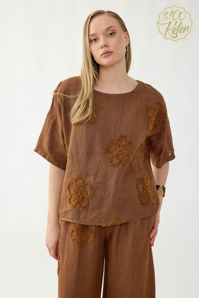 %100 Keten Çiçek Motifli Kısa Kol Bluz - 28