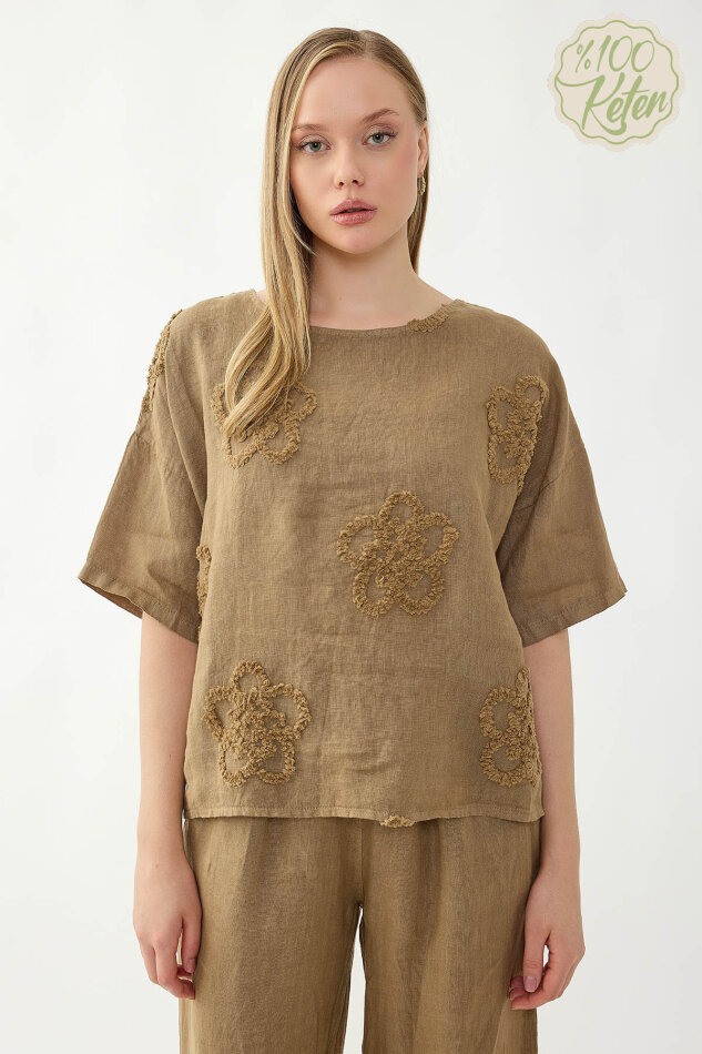 %100 Keten Çiçek Motifli Kısa Kol Bluz - 34