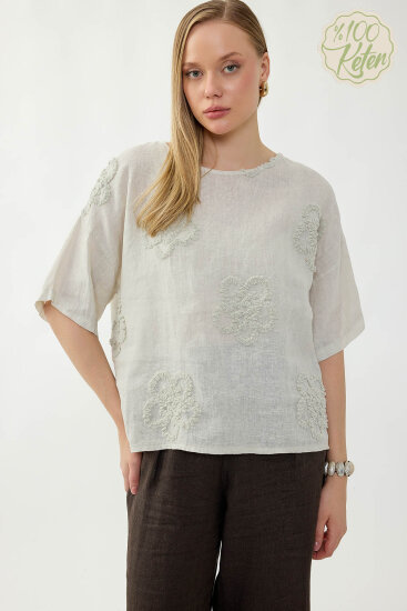 %100 Keten Çiçek Motifli Kısa Kol Bluz - 42