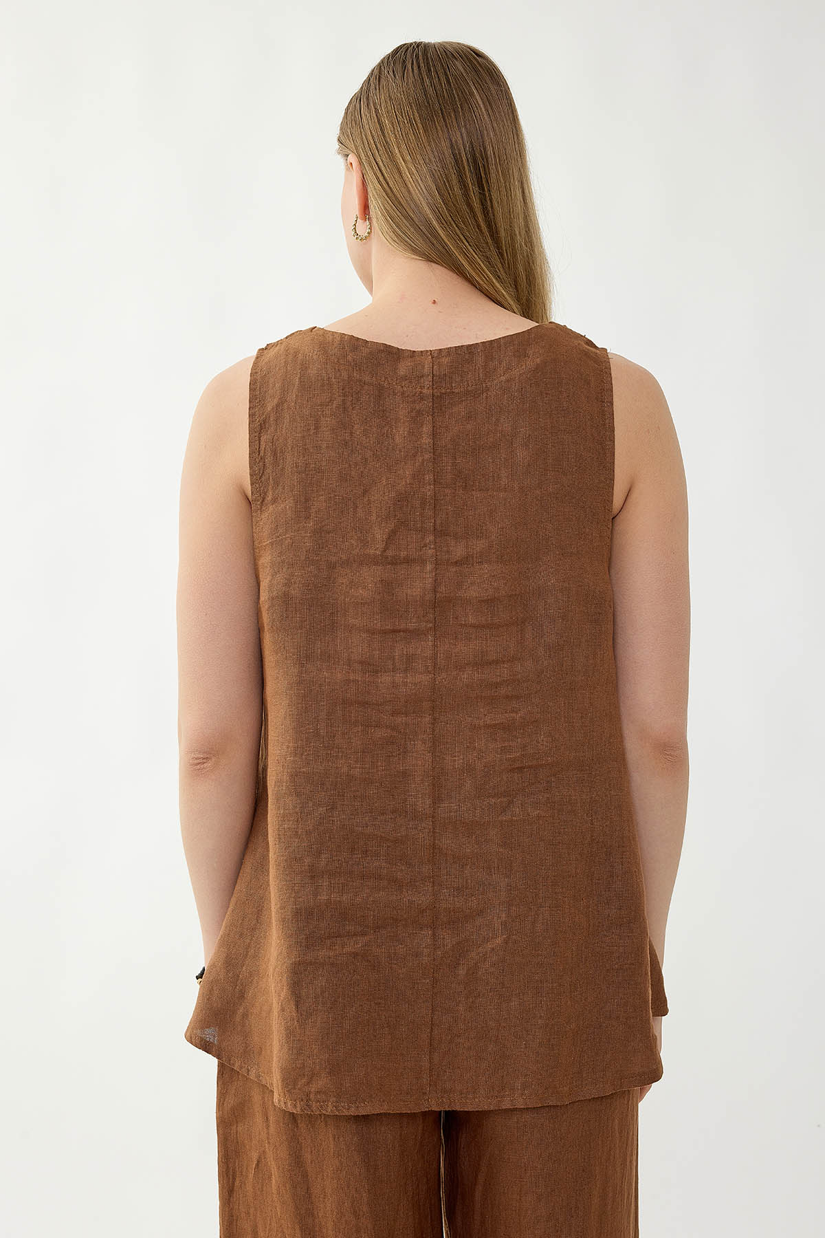 %100 Keten Çiçek Motifli Sıfır Kol Bluz - Thumbnail