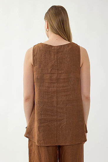 %100 Keten Çiçek Motifli Sıfır Kol Bluz - 14