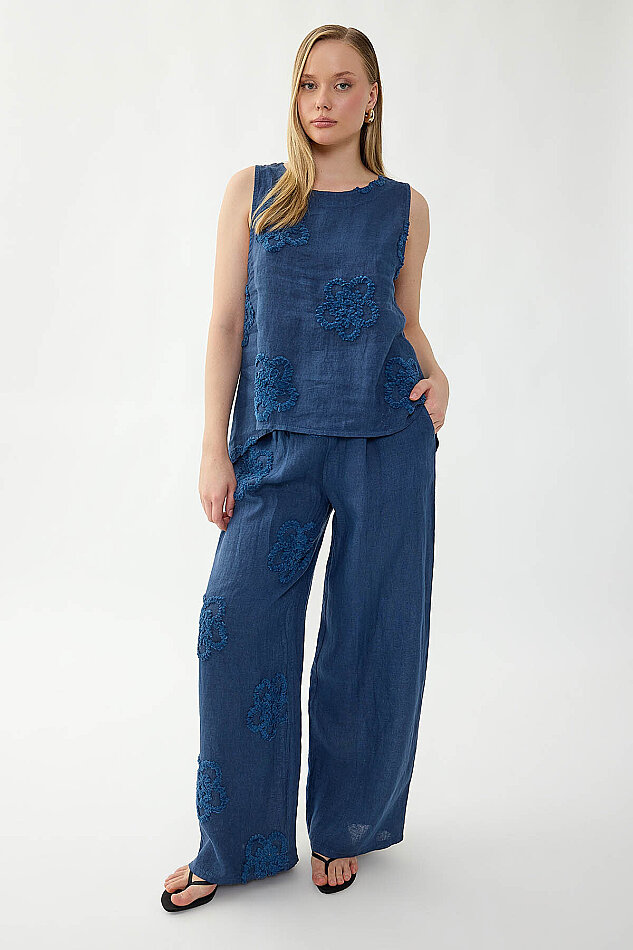 %100 Keten Çiçek Motifli Sıfır Kol Bluz - 18