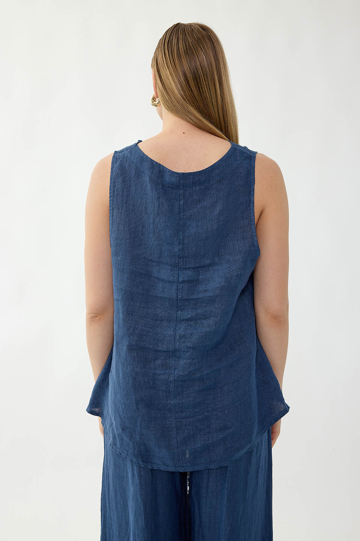 %100 Keten Çiçek Motifli Sıfır Kol Bluz - Thumbnail