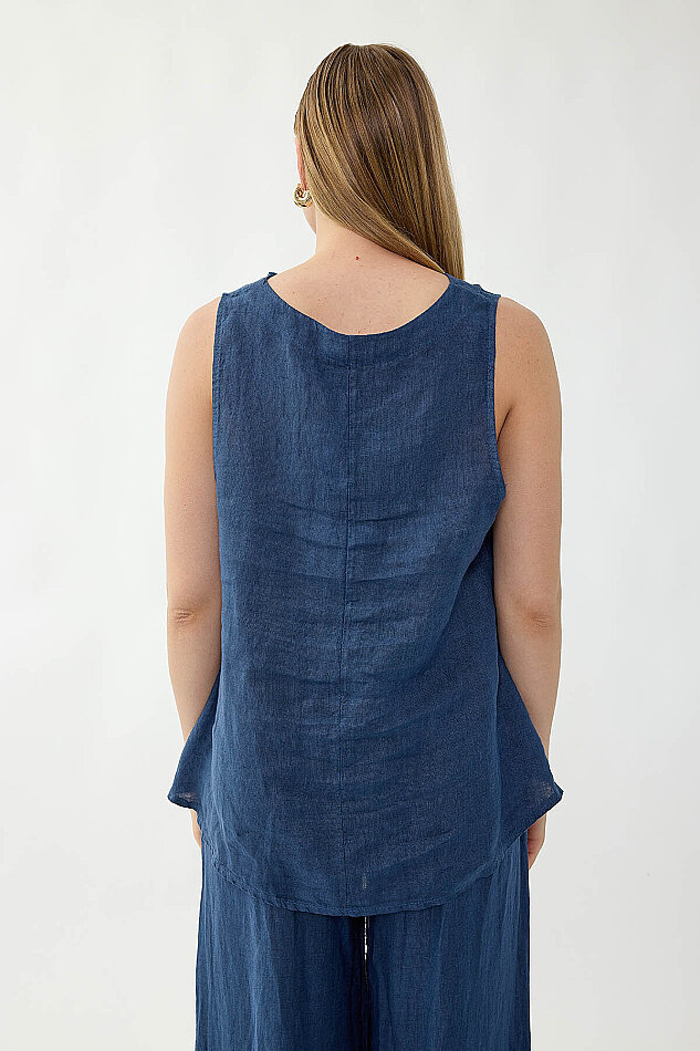 %100 Keten Çiçek Motifli Sıfır Kol Bluz - 21