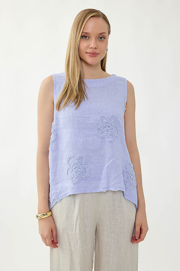 %100 Keten Çiçek Motifli Sıfır Kol Bluz - 25