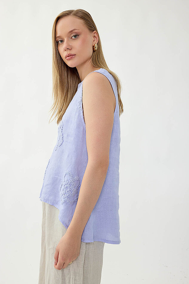 %100 Keten Çiçek Motifli Sıfır Kol Bluz - 26