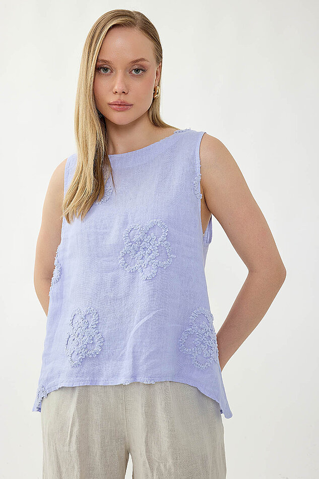 %100 Keten Çiçek Motifli Sıfır Kol Bluz - 27