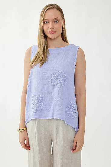 %100 Keten Çiçek Motifli Sıfır Kol Bluz - 30