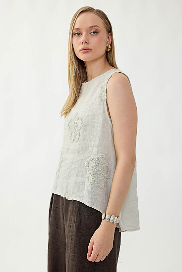 %100 Keten Çiçek Motifli Sıfır Kol Bluz - 36