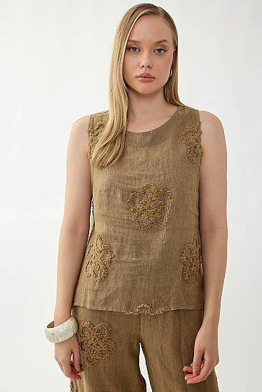 %100 Keten Çiçek Motifli Sıfır Kol Bluz - 7