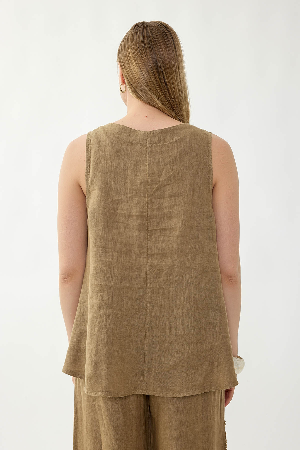 %100 Keten Çiçek Motifli Sıfır Kol Bluz - Thumbnail