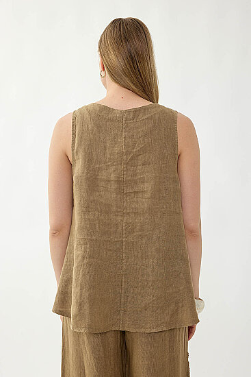 %100 Keten Çiçek Motifli Sıfır Kol Bluz - 9